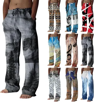 Men's Casual Summer Pants Beach Hawaiian Print Linen Pants Elastic Waist Drawstring Baggy Trousers with Pockets