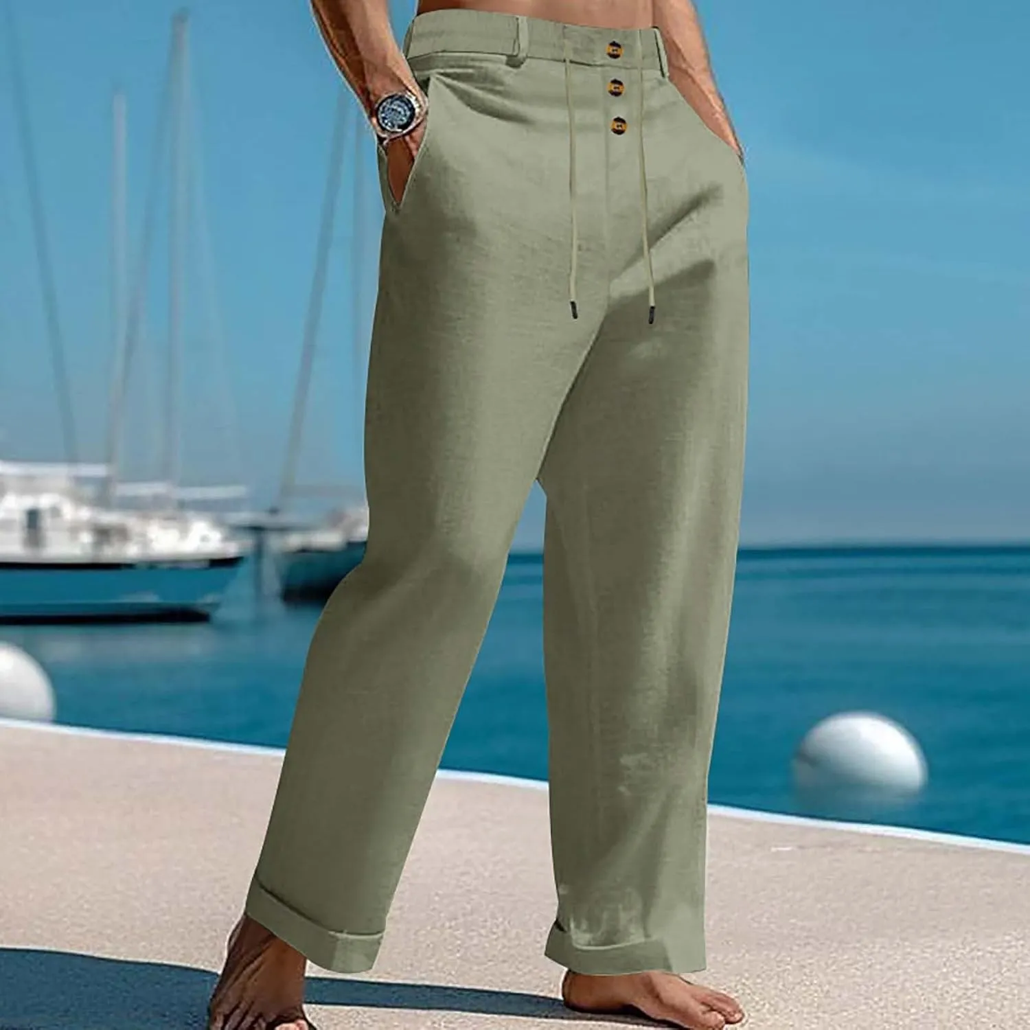 Mens Cotton Linen Pants Casual Elastic Waist Summer Beach Pants Lightweight Breathable Yoga Vacation Dress Trousers