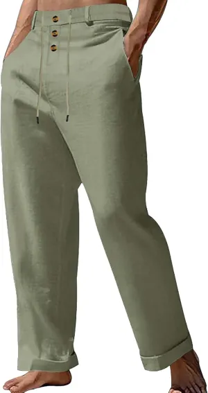 Mens Cotton Linen Pants Casual Elastic Waist Summer Beach Pants Lightweight Breathable Yoga Vacation Dress Trousers