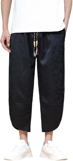 Men's Cotton Linen Pants Drawstring Elastic Waist Cinch Bottoms Summer Beach Pants Loose Fit Drop Crotch Trousers