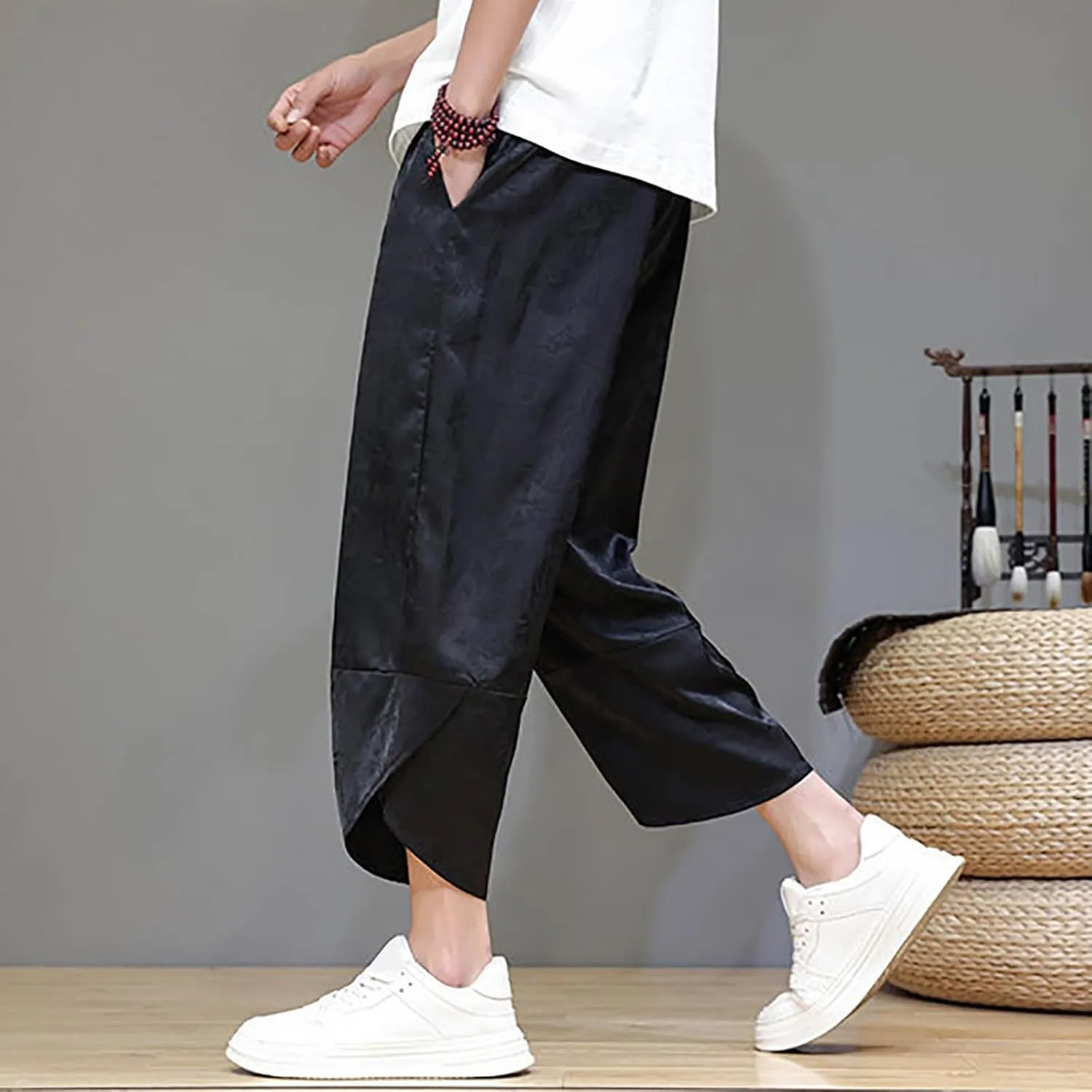 Men's Cotton Linen Pants Drawstring Elastic Waist Cinch Bottoms Summer Beach Pants Loose Fit Drop Crotch Trousers