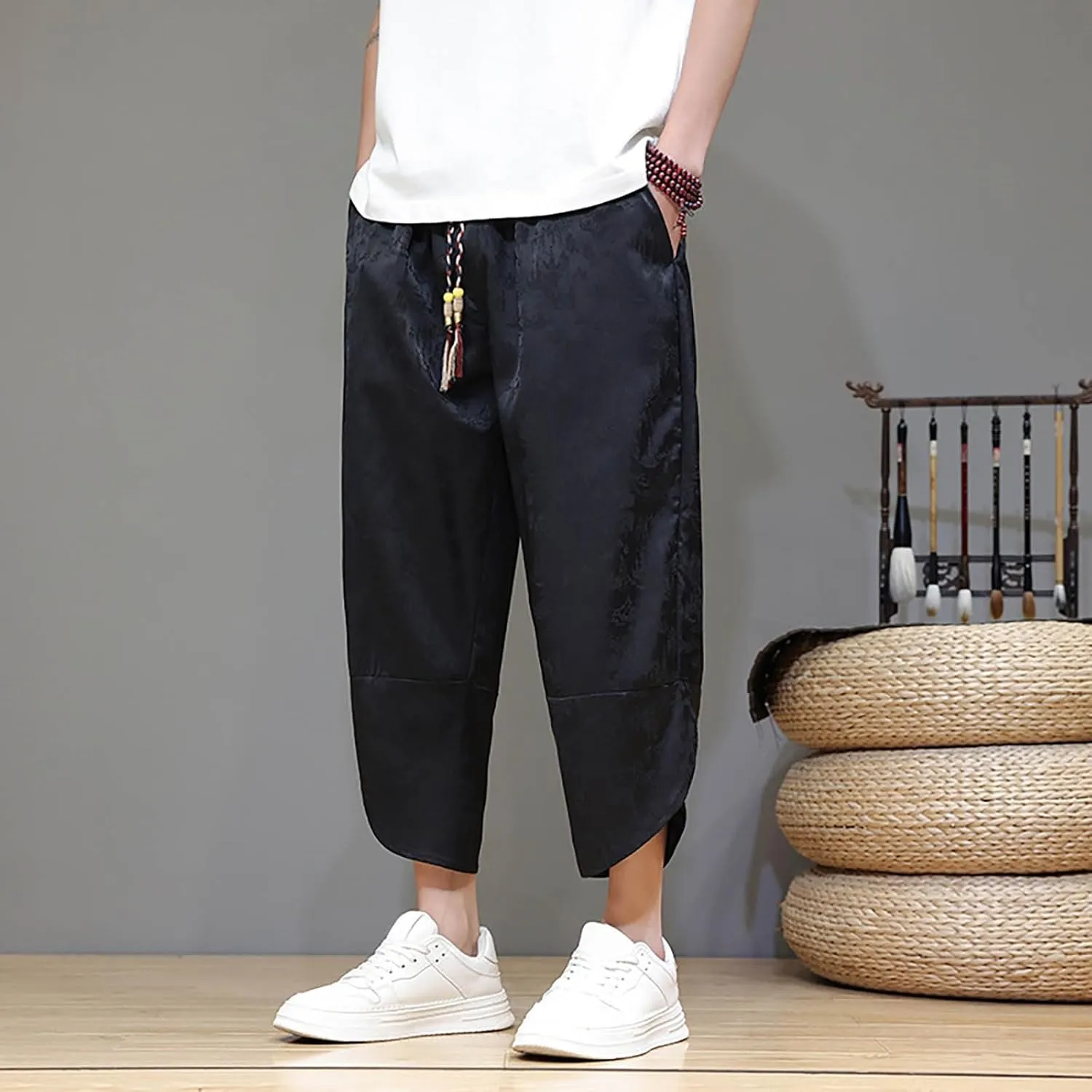 Men's Cotton Linen Pants Drawstring Elastic Waist Cinch Bottoms Summer Beach Pants Loose Fit Drop Crotch Trousers