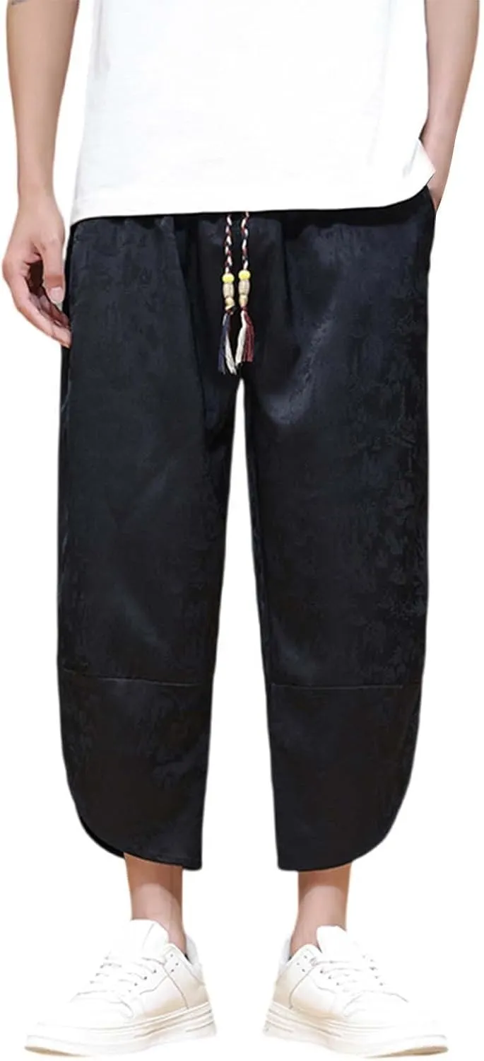 Men's Cotton Linen Pants Drawstring Elastic Waist Cinch Bottoms Summer Beach Pants Loose Fit Drop Crotch Trousers