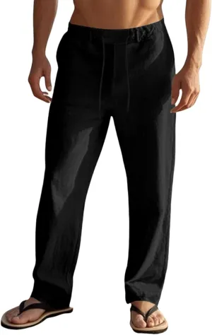 Mens Cotton Linen Pants Elastic Drawstring Waist Straight Leg Casual Loose Fit Solid Long Pants Summer Beach Trousers