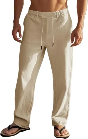 Mens Cotton Linen Pants Elastic Drawstring Waist Straight Leg Casual Loose Fit Solid Long Pants Summer Beach Trousers