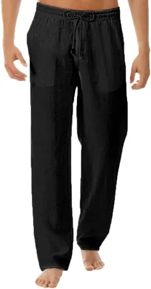 Mens Cotton Linen Pants Tall Elastic Drawstring Waist Lounge Beach Pants Summer Casual Straight Leg Dress Trousers