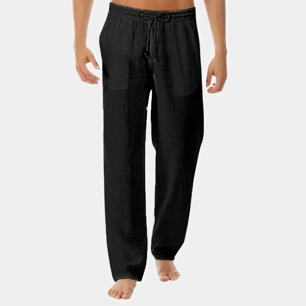 Mens Cotton Linen Pants Tall Elastic Drawstring Waist Lounge Beach Pants Summer Casual Straight Leg Dress Trousers