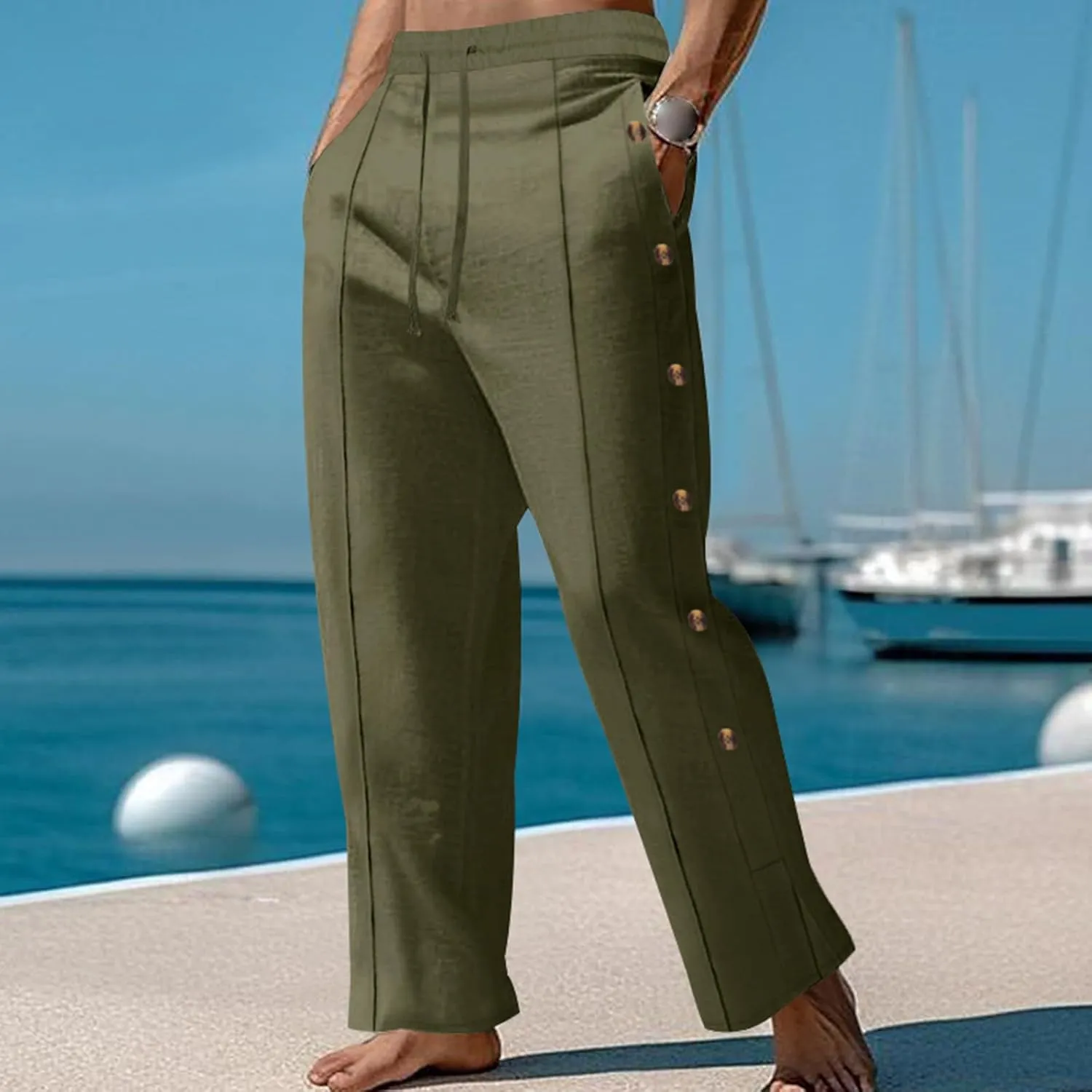 Mens Cotton Linen Trousers Button Elastic Waist Drawstring Casual Trendy Breathable Summer Beach Pants with Pockets