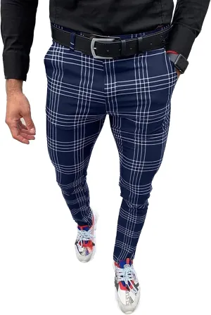 Mens Fashion Casual Plaid Pants Dress Chino Stretch Striped Long Pants Slim Fit Slack Trousers
