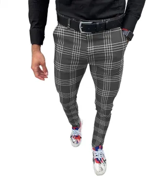 Mens Fashion Casual Plaid Pants Dress Chino Stretch Striped Long Pants Slim Fit Slack Trousers