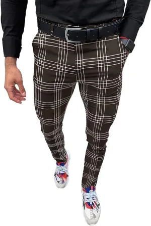 Mens Fashion Casual Plaid Pants Dress Chino Stretch Striped Long Pants Slim Fit Slack Trousers