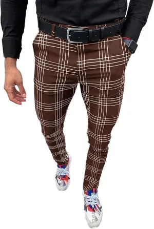 Mens Fashion Casual Plaid Pants Dress Chino Stretch Striped Long Pants Slim Fit Slack Trousers