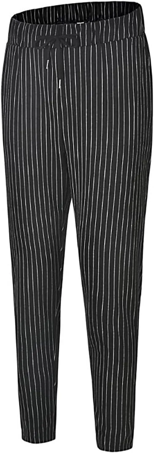 Mens Fashion Casual Striped Pants Dress Chino Long Pants Fit Drawstring Cotton Slack Trousers