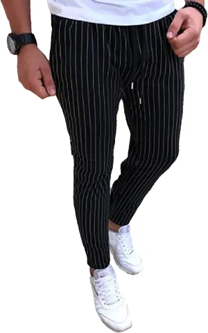 Mens Fashion Casual Striped Pants Dress Chino Long Pants Fit Drawstring Cotton Slack Trousers