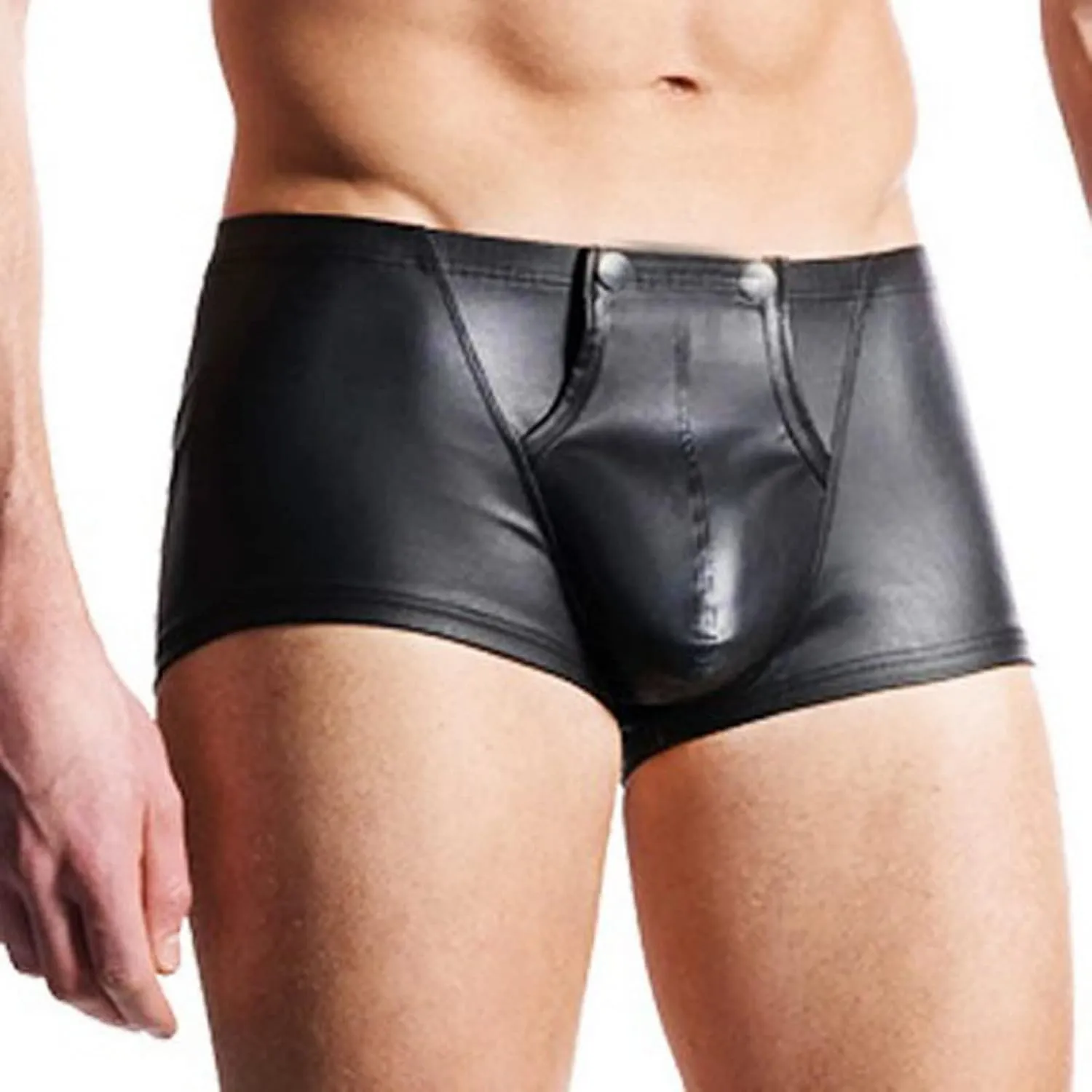 Men's Faux Leather Low Rise Shorts Detachable Briefs