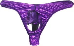 Men's Imitation Leather Briefs Bikini Underwear Pack Low Waist Breathable Mini Underpants T Back G String Tongs (Purple,Medium)