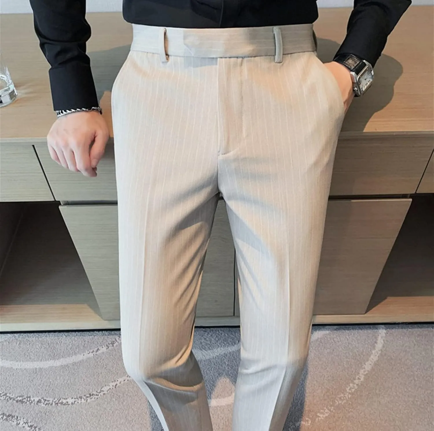 Men's Lightweight Slim Fit Striped Dress Pant Stretch Casual Business Flat-Front Chino Suit Trousers