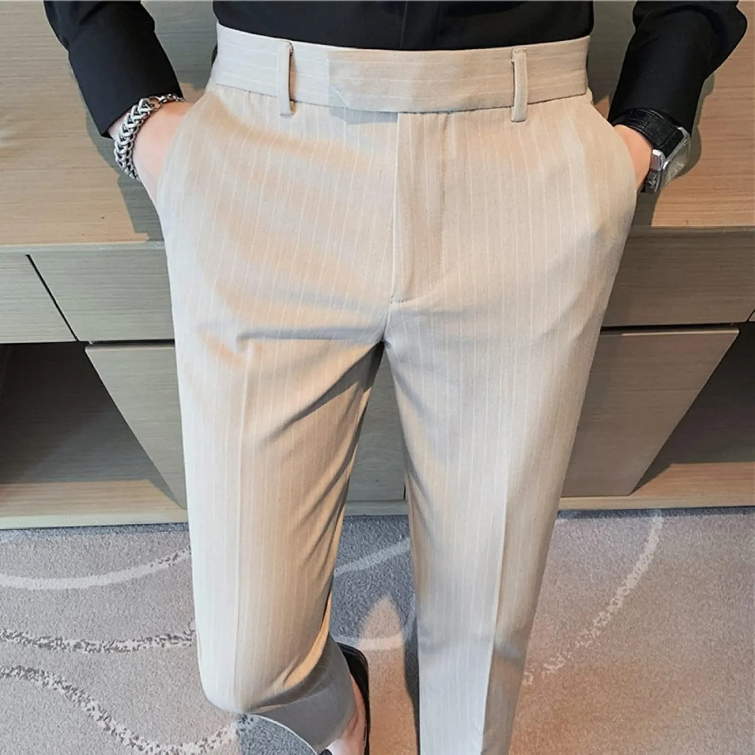Men's Lightweight Slim Fit Striped Dress Pant Stretch Casual Business Flat-Front Chino Suit Trousers