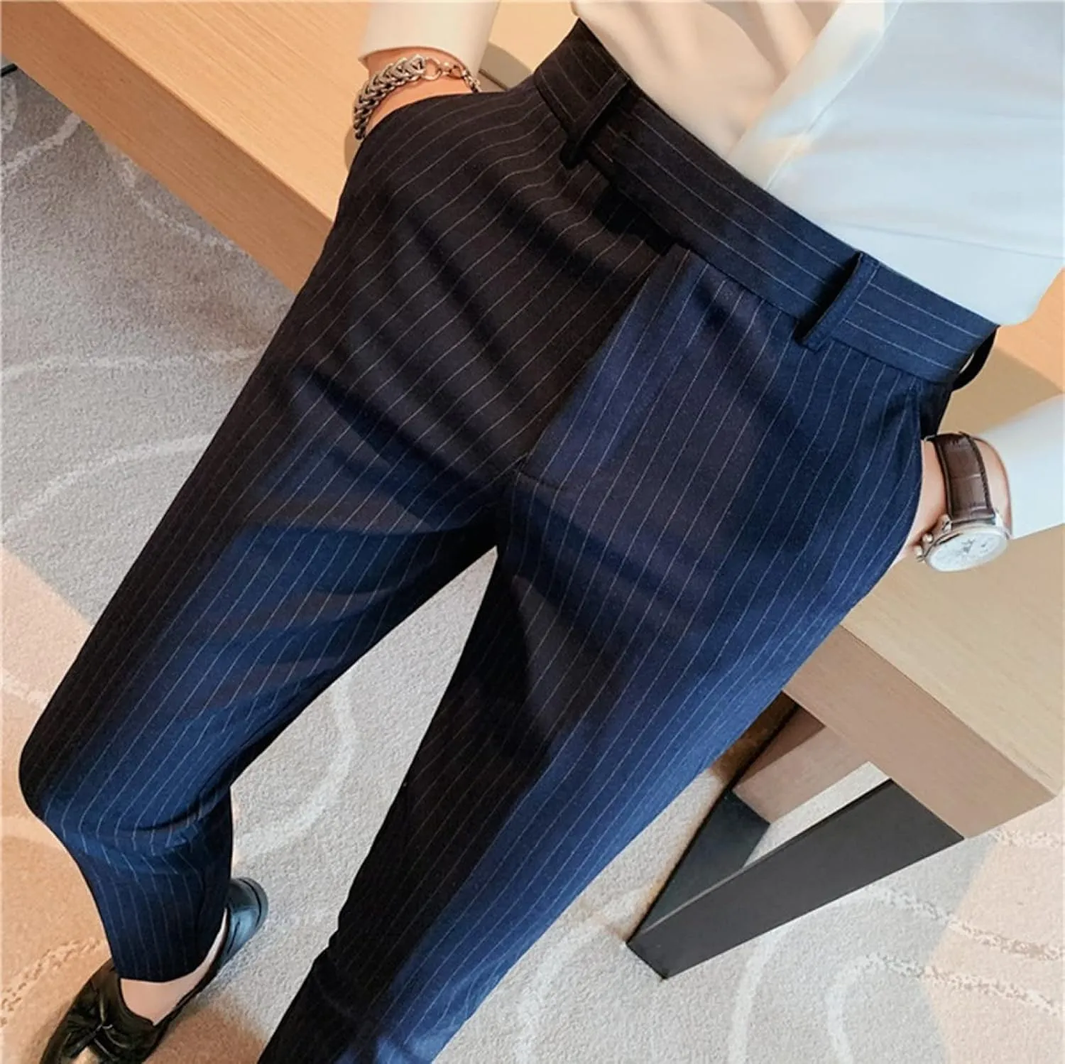 Men's Lightweight Slim Fit Striped Dress Pant Stretch Casual Business Flat-Front Chino Suit Trousers