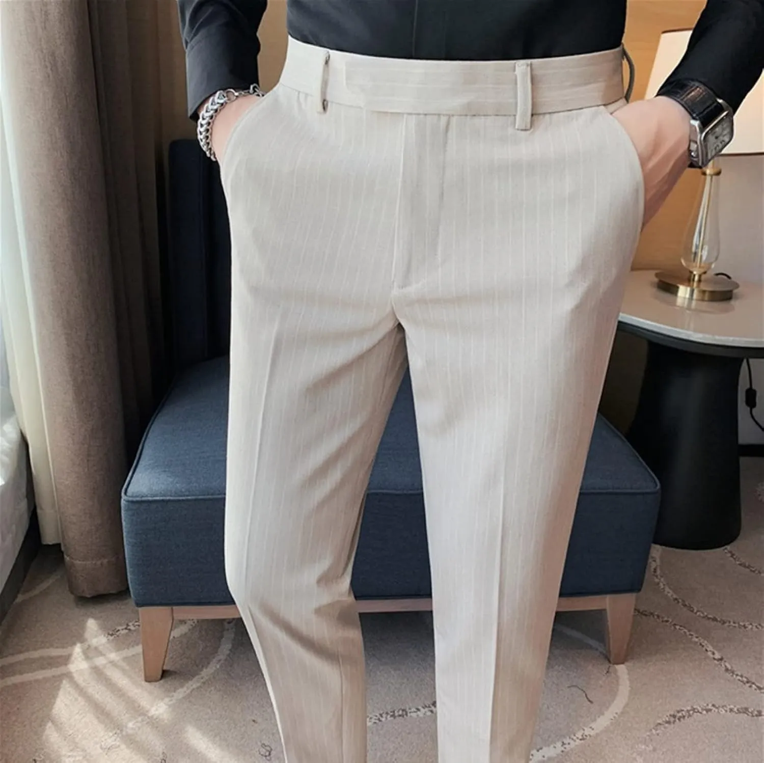 Men's Lightweight Slim Fit Striped Dress Pant Stretch Casual Business Flat-Front Chino Suit Trousers