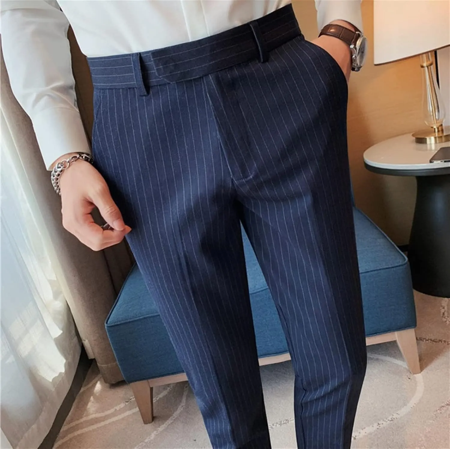 Men's Lightweight Slim Fit Striped Dress Pant Stretch Casual Business Flat-Front Chino Suit Trousers