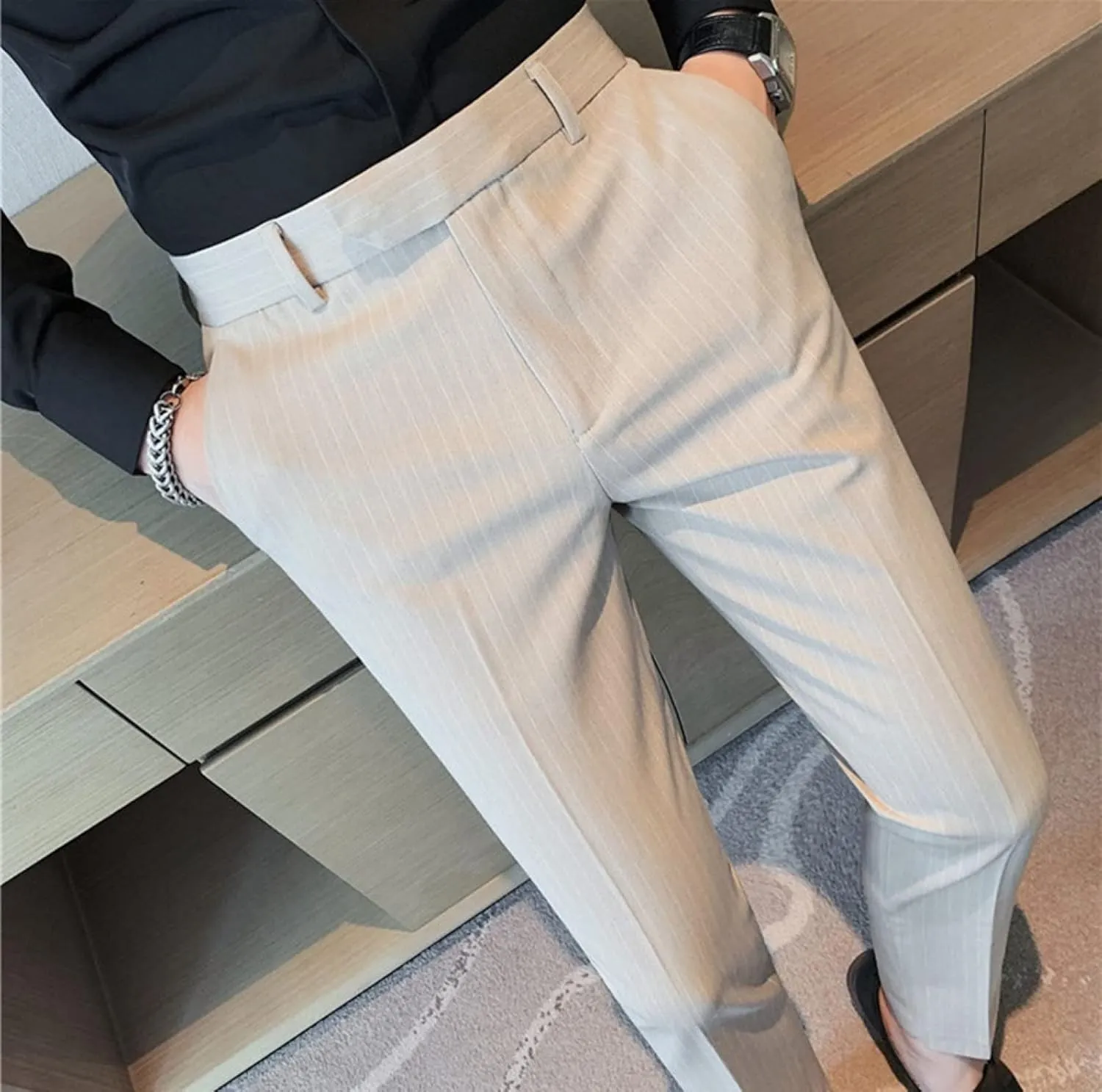 Men's Lightweight Slim Fit Striped Dress Pant Stretch Casual Business Flat-Front Chino Suit Trousers