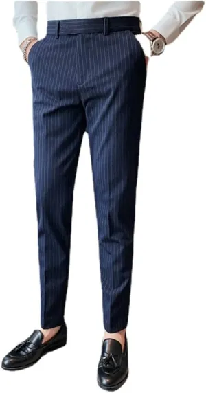 Men's Lightweight Slim Fit Striped Dress Pant Stretch Casual Business Flat-Front Chino Suit Trousers