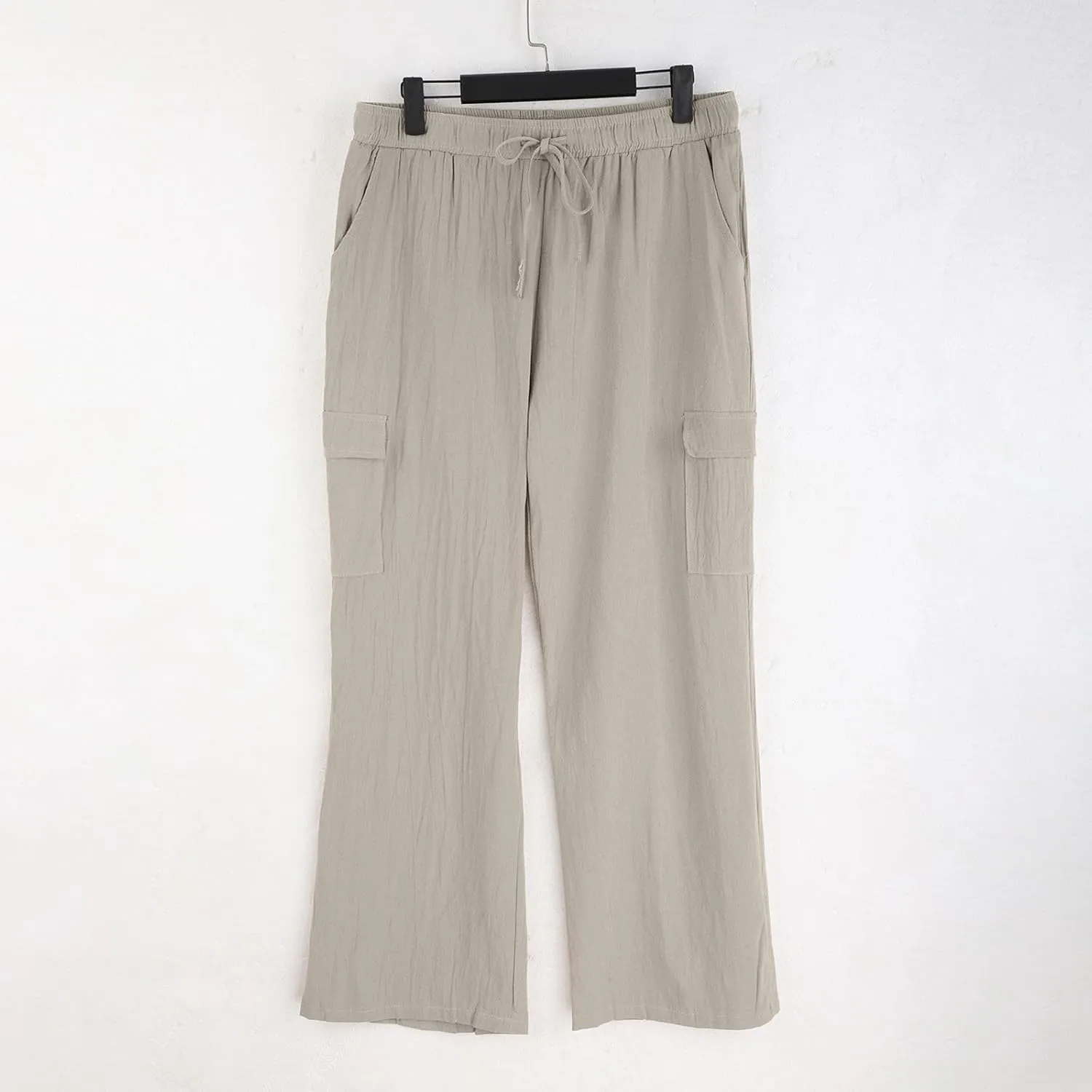 Men's Linen Cargo Pants Solid Casual Lightweight Pant with Multi Pockets Plus Size Drawstring Holiday Streetwear Big and Tall