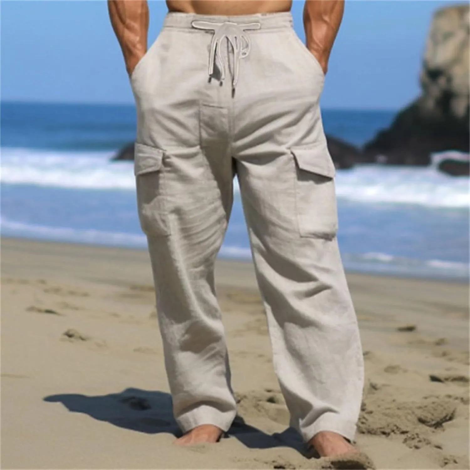 Men's Linen Cargo Pants Solid Casual Lightweight Pant with Multi Pockets Plus Size Drawstring Holiday Streetwear Big and Tall
