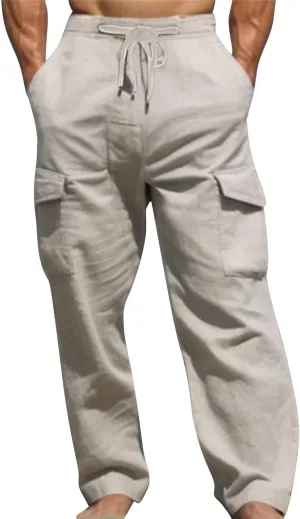 Men's Linen Cargo Pants Solid Casual Lightweight Pant with Multi Pockets Plus Size Drawstring Holiday Streetwear Big and Tall