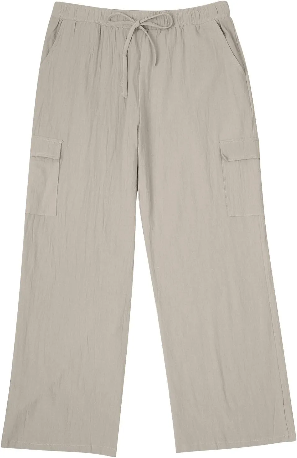 Men's Linen Cargo Pants Solid Casual Lightweight Pant with Multi Pockets Plus Size Drawstring Holiday Streetwear Big and Tall