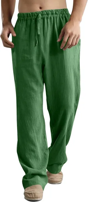 Mens Linen Pants Big and Tall Summer Elastic Waist Drawstring Beach Athletic Pants for Workout, Jogging, Running