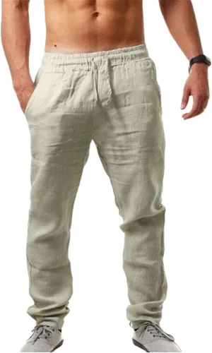 Men's Linen Pants Casual Long Pants - Loose Lightweight Drawstring Yoga Beach Trousers Casual Trousers