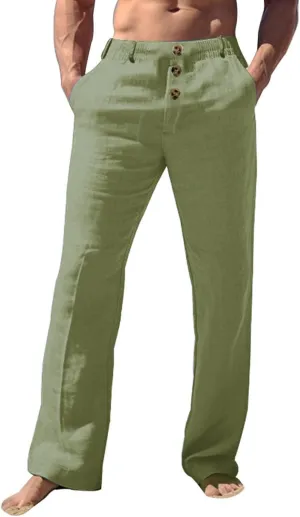 Mens Linen Pants Elastic Waist Casual Loose Trendy Lightweight Breathable Solid Trousers Beach Party Yoga Chino Pants