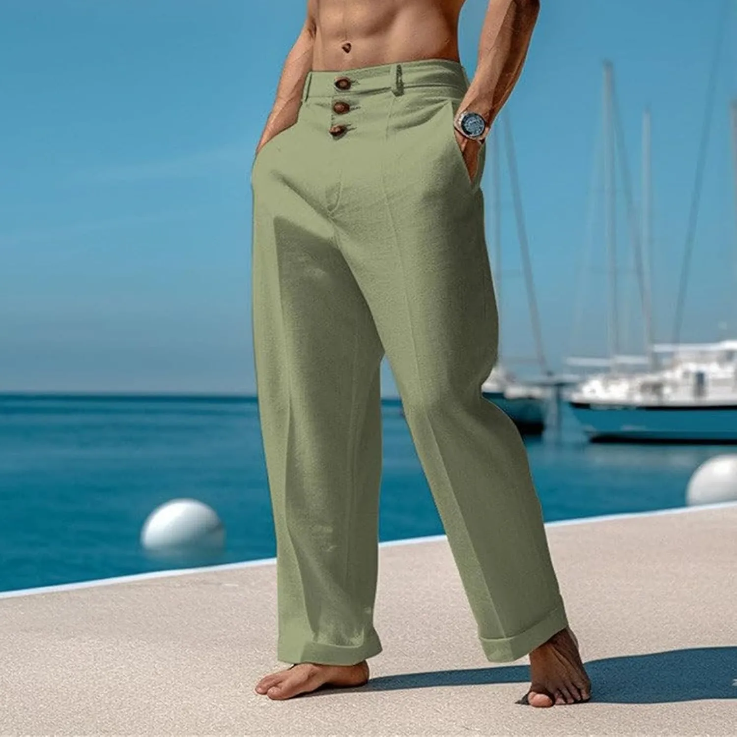 Mens Linen Pants Elastic Waist Casual Loose Trendy Lightweight Breathable Solid Trousers Beach Party Yoga Chino Pants