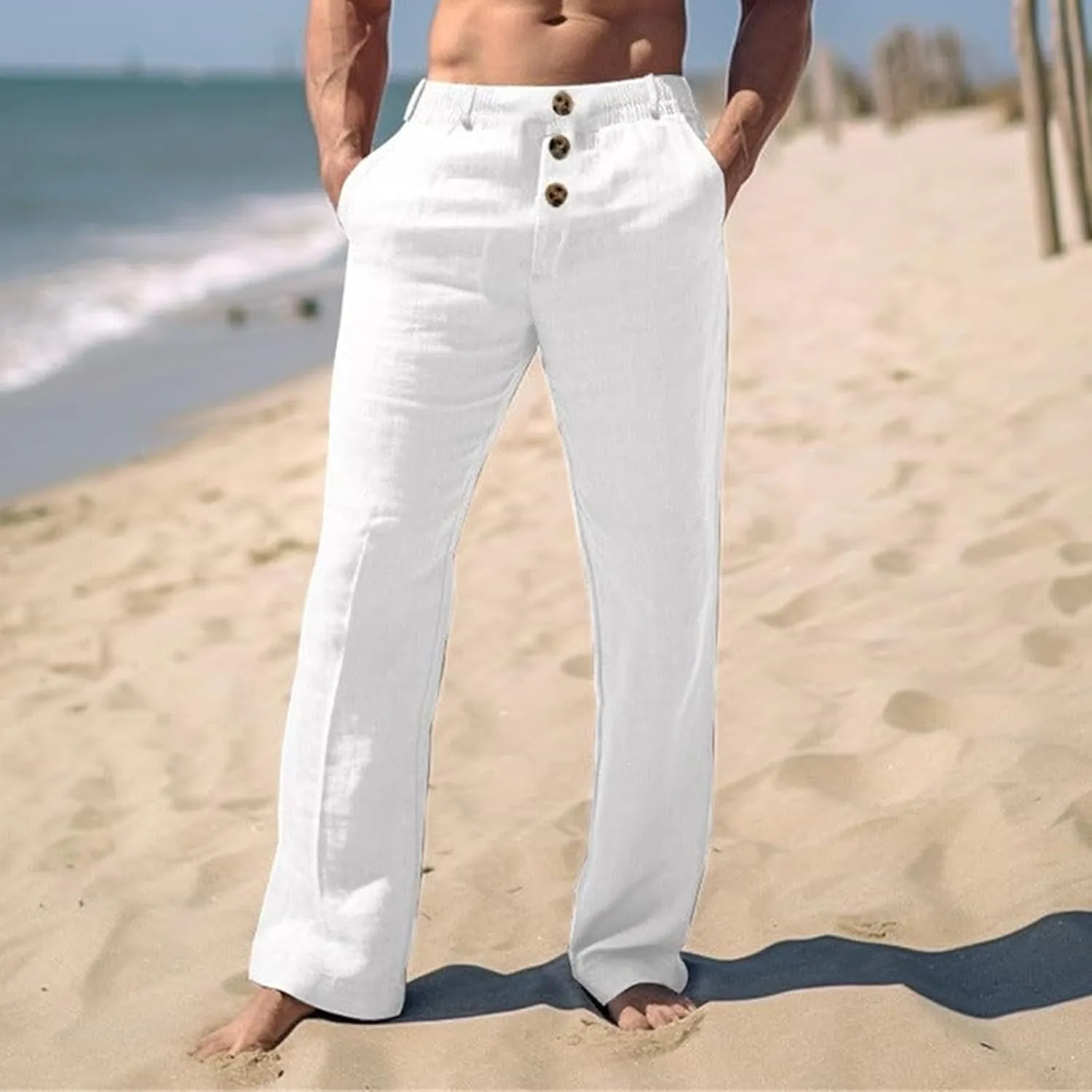 Mens Linen Pants Elastic Waist Casual Loose Trendy Lightweight Breathable Solid Trousers Beach Party Yoga Chino Pants