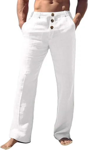 Mens Linen Pants Elastic Waist Casual Loose Trendy Lightweight Breathable Solid Trousers Beach Party Yoga Chino Pants