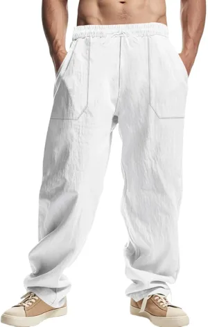 Mens Linen Pants Loose Fit Drawstring Summer Lightweight Straight-Leg Beach Pant Soft Fashion Big and Tall Outfits