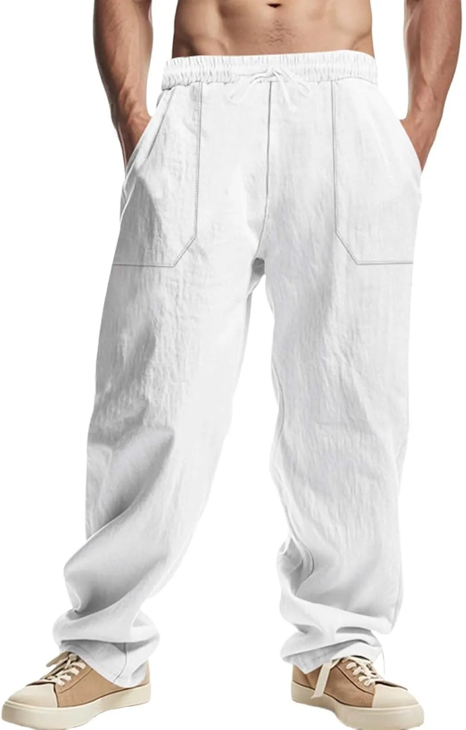 Mens Linen Pants Loose Fit Drawstring Summer Lightweight Straight-Leg Beach Pant Soft Fashion Big and Tall Outfits