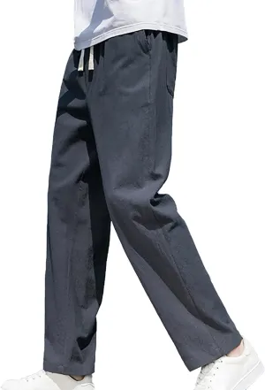 Mens Linen Pants Slim Fit Casual Drawstring Elastic Waist Beach Yoga Pants Summer Lightweight Trousers with Pockets