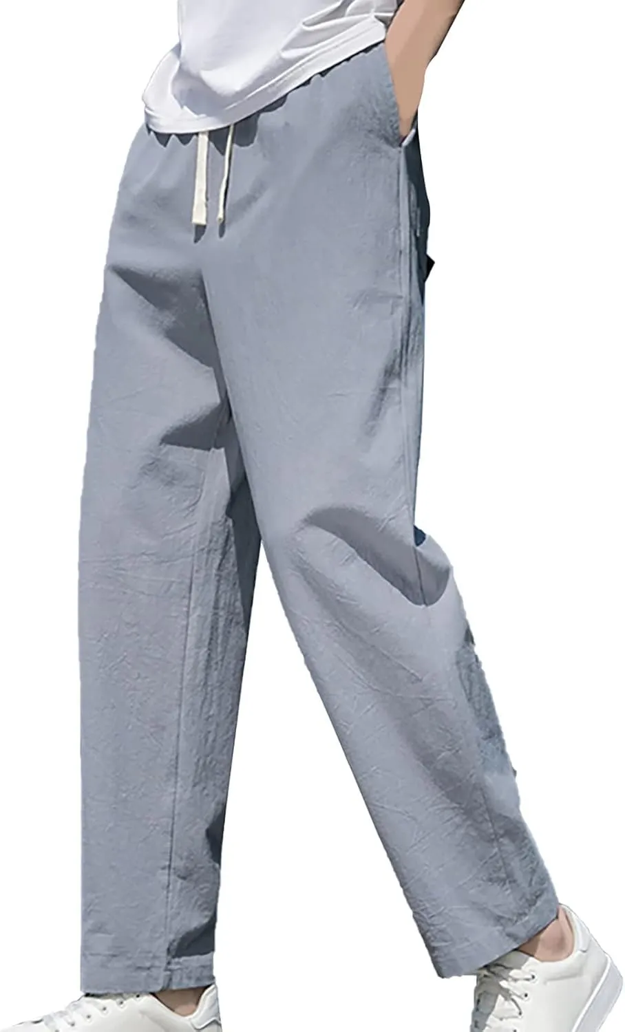 Mens Linen Pants Slim Fit Casual Drawstring Elastic Waist Beach Yoga Pants Summer Lightweight Trousers with Pockets