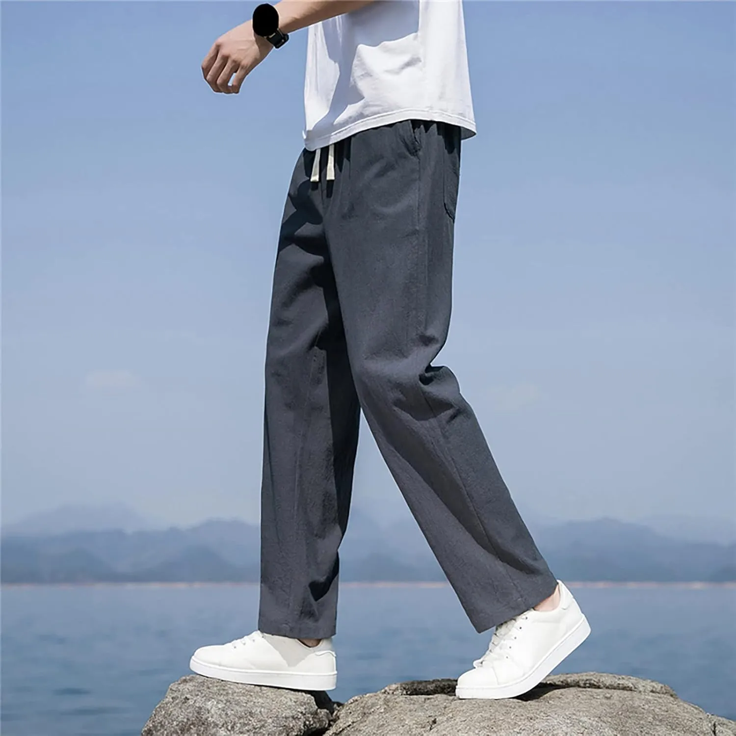 Mens Linen Pants Slim Fit Casual Drawstring Elastic Waist Beach Yoga Pants Summer Lightweight Trousers with Pockets