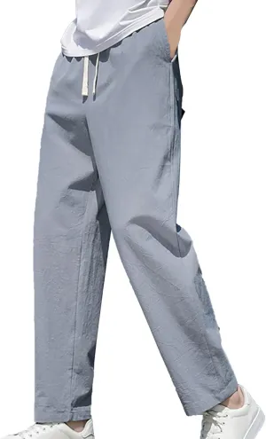 Mens Linen Pants Slim Fit Casual Drawstring Elastic Waist Beach Yoga Pants Summer Lightweight Trousers with Pockets