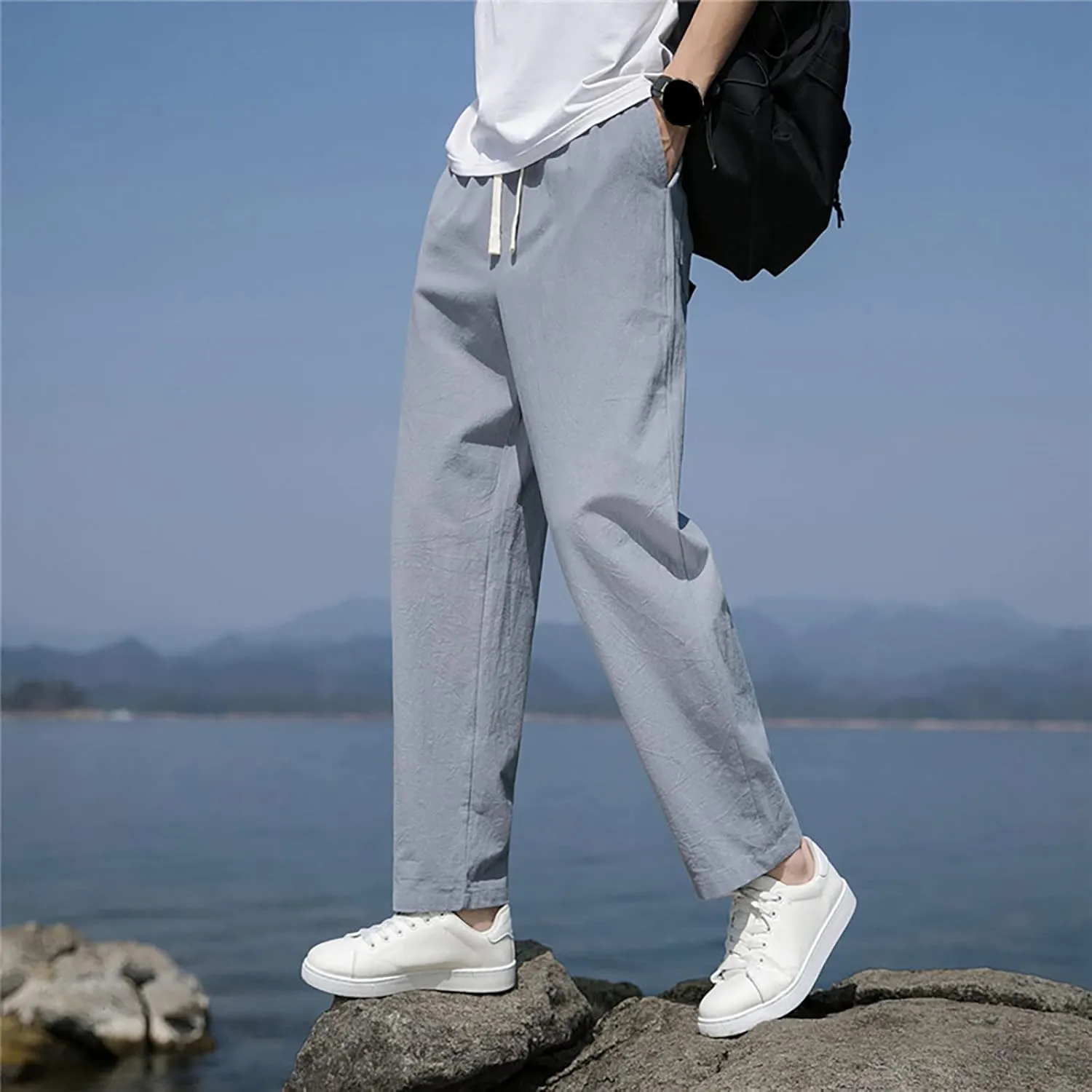 Mens Linen Pants Slim Fit Casual Drawstring Elastic Waist Beach Yoga Pants Summer Lightweight Trousers with Pockets