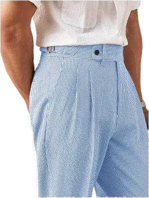Men's Seersucker Gurkha Suit Pant Dress Casual Summer Lightweight Trousers Beach