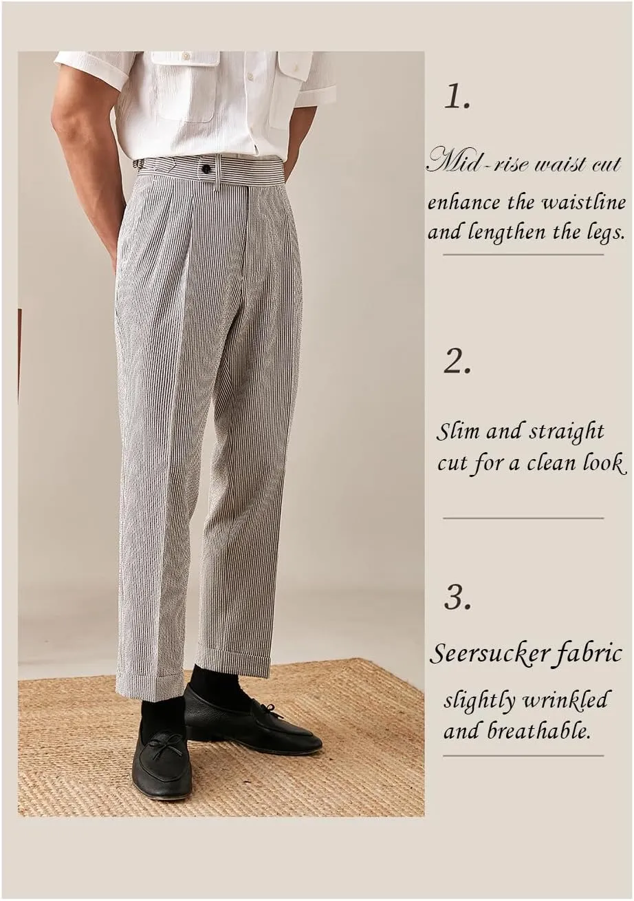 Men's Seersucker Gurkha Suit Pant Dress Casual Summer Lightweight Trousers Beach