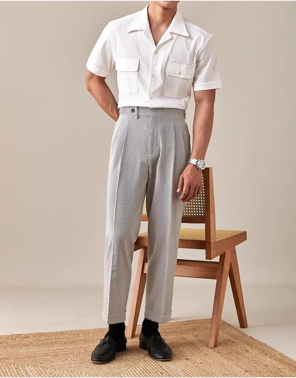 Men's Seersucker Gurkha Suit Pant Dress Casual Summer Lightweight Trousers Beach