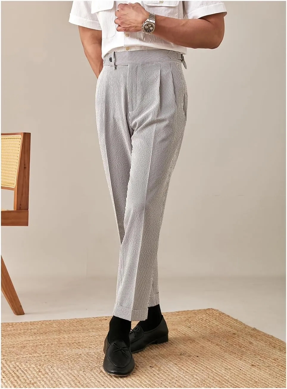 Men's Seersucker Gurkha Suit Pant Dress Casual Summer Lightweight Trousers Beach