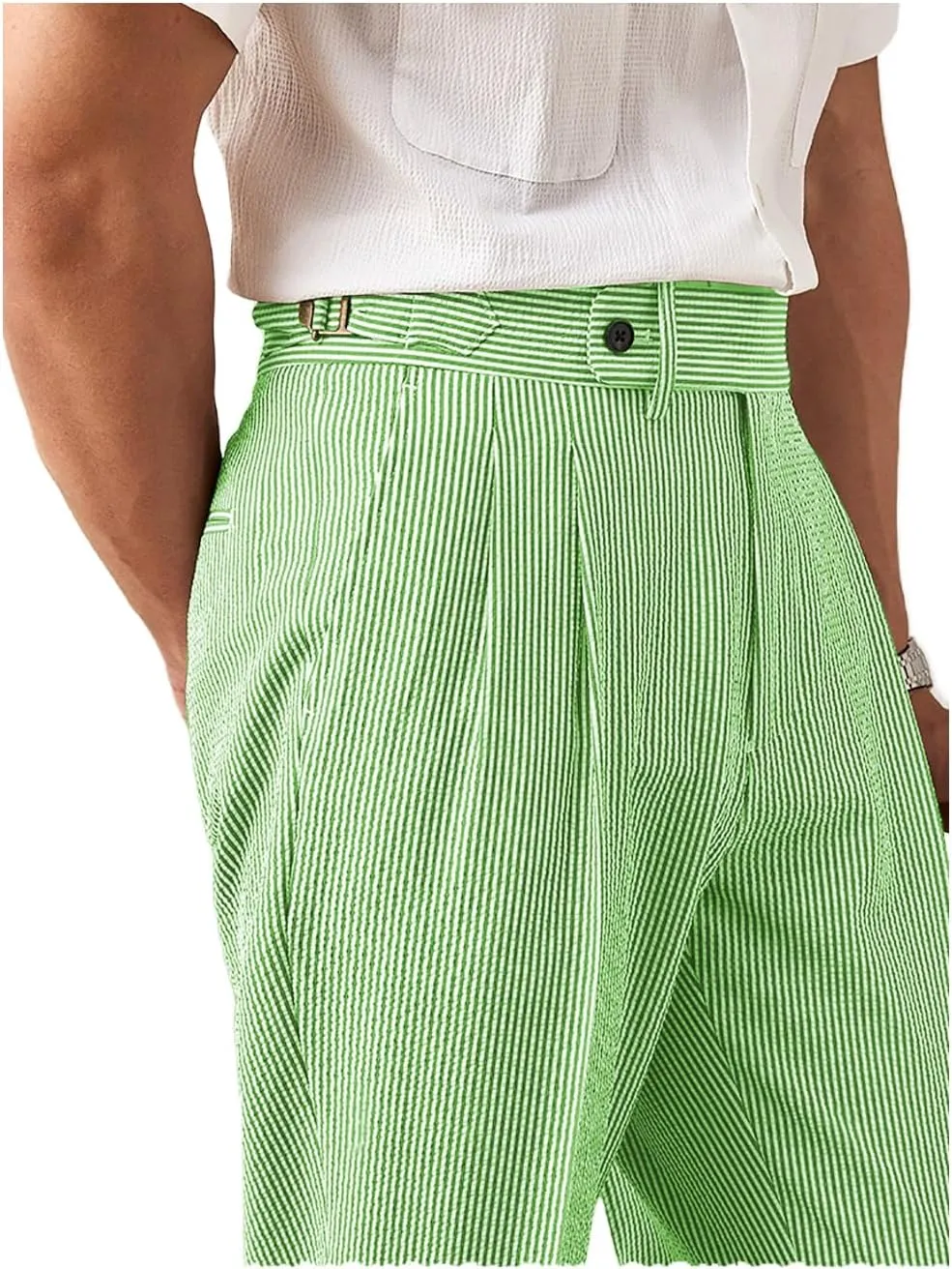 Men's Seersucker Gurkha Suit Pant Dress Casual Summer Lightweight Trousers Beach