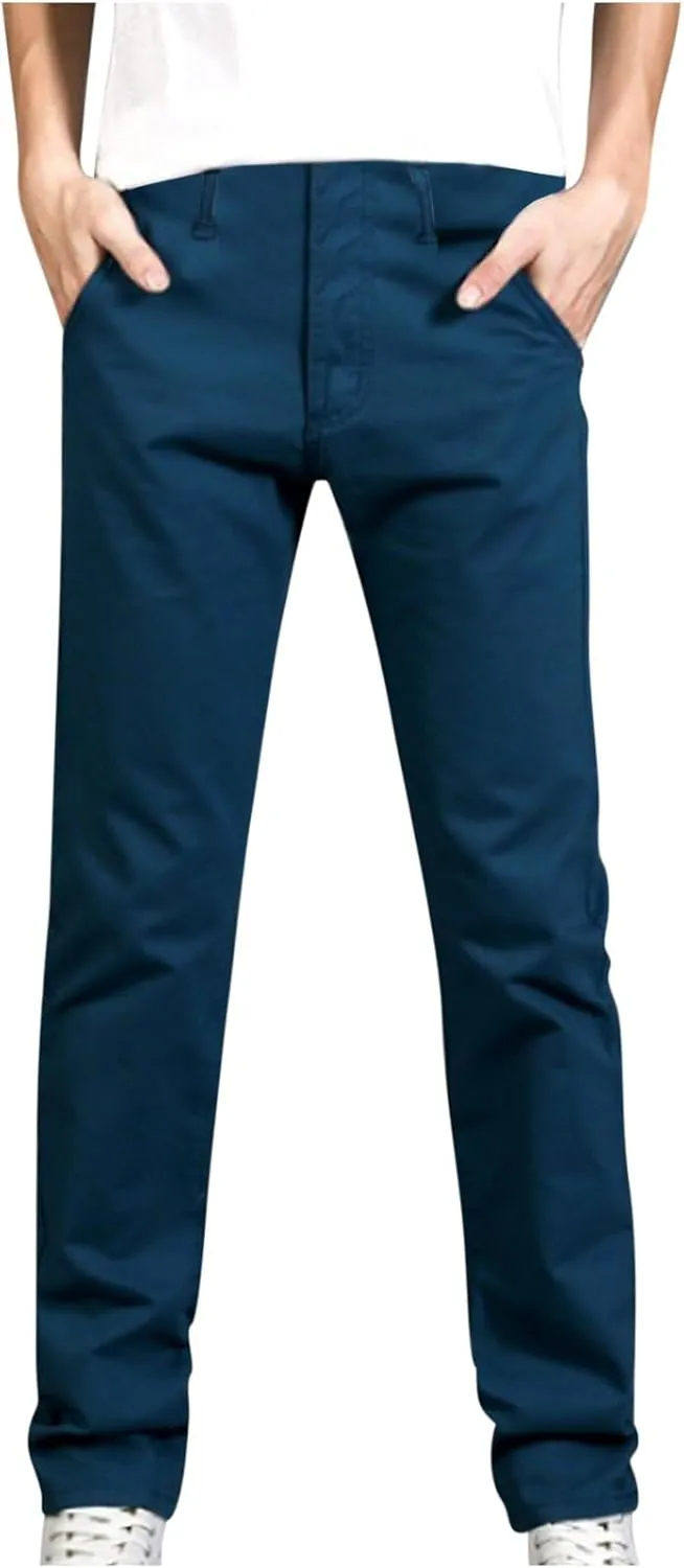 Mens Slim Fit Chino Pants, Casual Work Dress Pants, Basic Stretch Slacks Straight Fit Elastic Jeans Lounge Trousers